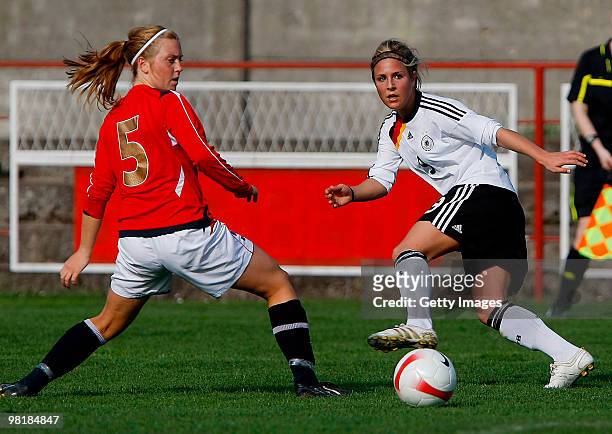 Svenja Huth of Germany competes with Eirin Kleppa of Norway during the U19 Women International Friendly match between Norway and Germany at the FK...