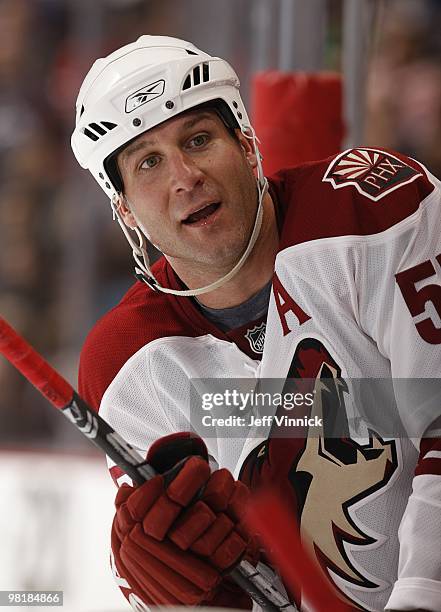 Ed Jovanovski of the Phoenix Coyotes looks on from the bench during the game against the Vancouver Canucks at General Motors Place on March 30, 2010...