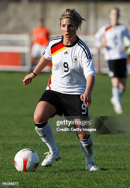 Svenja Huth of Germany in action during the U19 Women International Friedly between Norway and Germany at the FK Backa 1901 stadium on April 1, 2010...