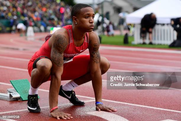 Kahmari Montgomery of the Houston Cougars prepares for the 400 meter dash during the Division I Men's Outdoor Track & Field Championship held at...