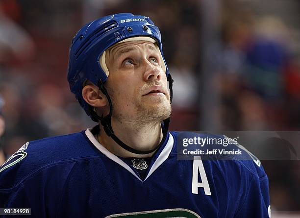 Sami Salo of the Vancouver Canucks looks on from the bench during the game against the Phoenix Coyotes at General Motors Place on March 30, 2010 in...