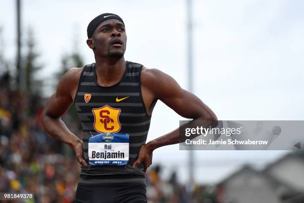 Rai Benjamin of the USC Trojans looks at the scoreboard after his victory in the 400 meter hurdles during the Division I Men's Outdoor Track & Field...