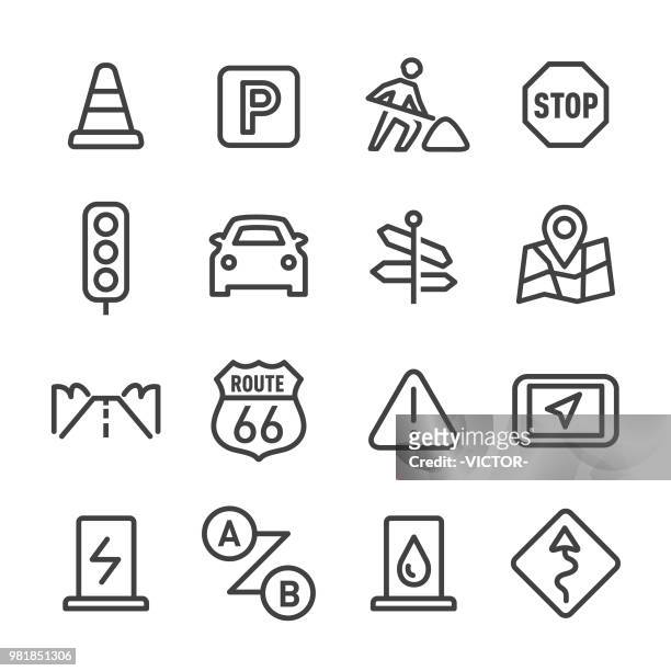 illustrazioni stock, clip art, cartoni animati e icone di tendenza di icone del viaggio su strada - serie line - indicatore di direzione segnale