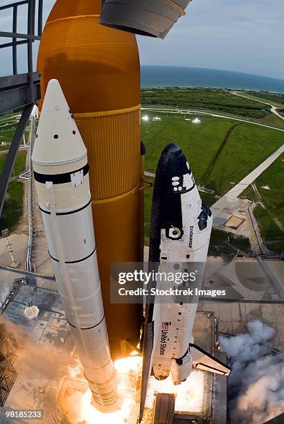 space shuttle endeavour lifts off from kennedy space center. - cape canaveral stock pictures, royalty-free photos & images