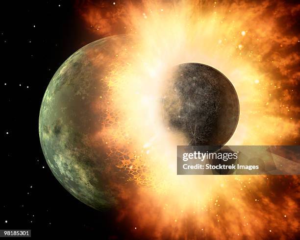 artist's concept of a celestial body colliding into a planet sized body. - planets colliding stock illustrations