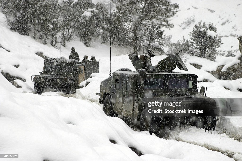 U.S. Marines conducting a mounted patrol in the snowy weather of the Khowst-Gardez Pass in Afghanist