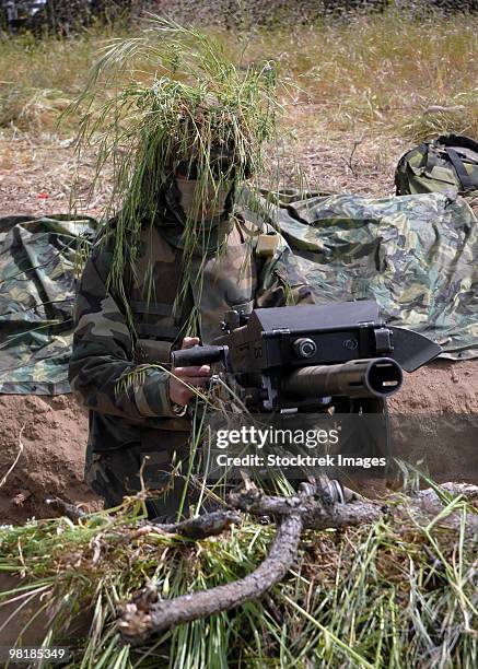 a soldier manning an mk-19 automatic crew serve grenade launcher during field training exercise bear - lanza granadas fotografías e imágenes de stock