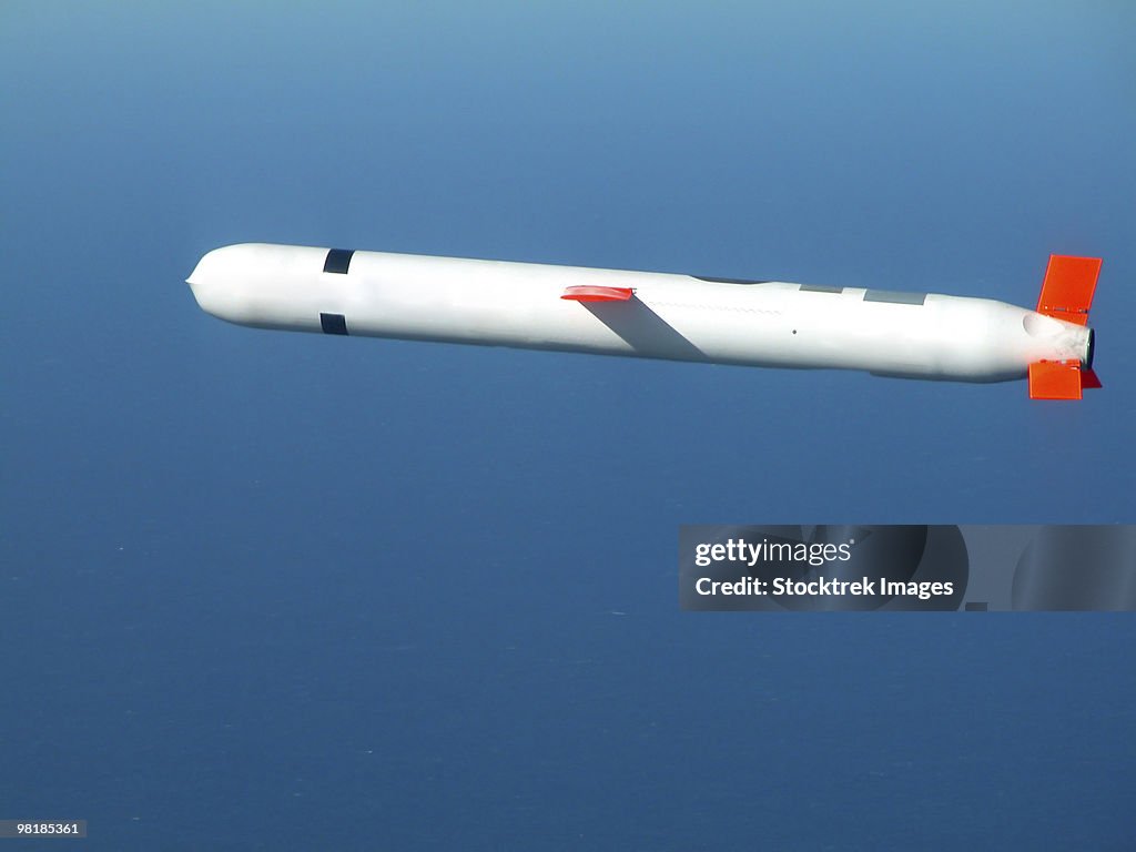 A Tactical Tomahawk Block IV cruise missile conducts a controlled flight test in southern California
