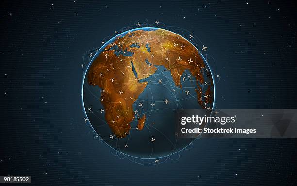 digitally generated image of airline flight paths around the globe. - flight path stock illustrations