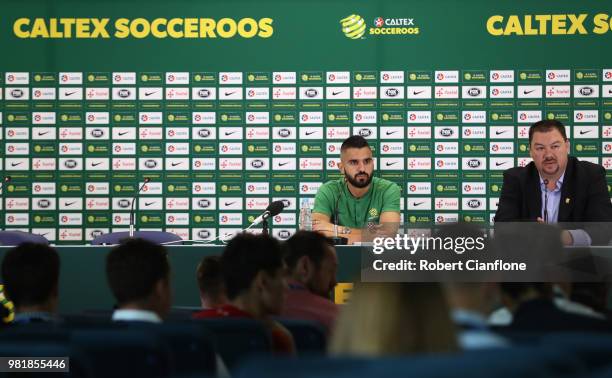 Aziz Behich attends an Australian Socceroos press conference at Stadium Trudovye Rezervy on June 23, 2018 in Kazan, Russia.