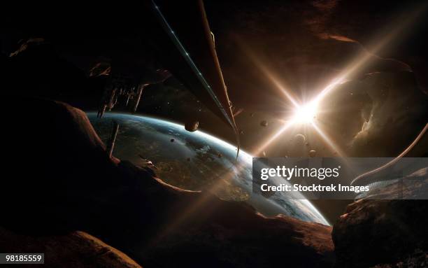 mining colony on an asteroid. - shuttle stock illustrations
