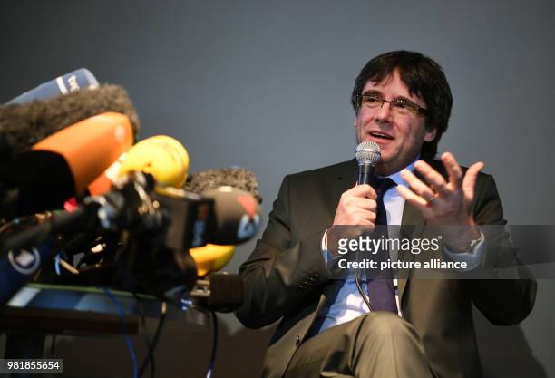 April 2018, Germany, Berlin: Carles Puigdemont, former president of the Spanish region of Catalonia, giving a press conference. The Catalonian...