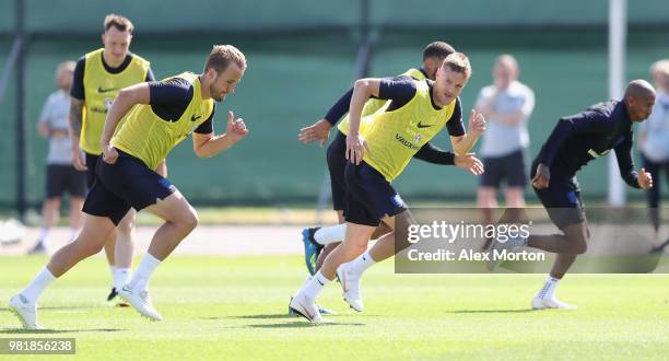 Harry Kane, Jamie Vardy of Englan, and Ashley Young in action during the England training session on June 23, 2018 in Saint Petersburg, Russia.