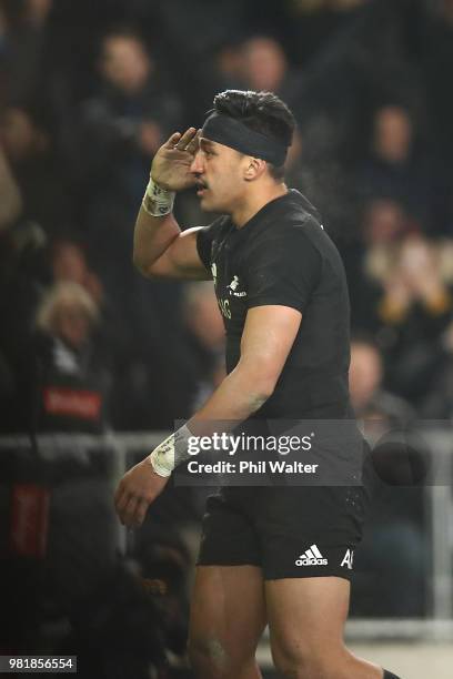 Reiko Ioane of the All Blacks celebrates his try during the International Test match between the New Zealand All Blacks and France at Forsyth Barr...