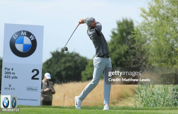 Chris Wood of England tees off on the 2nd hole during day three of the BMW International Open at Golf Club Gut Larchenhof on June 23, 2018 in...