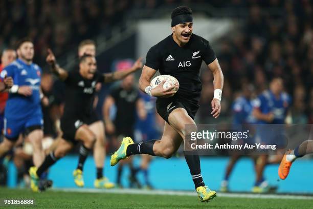 Rieko Ioane of the All Blacks runs in to score a try during the International Test match between the New Zealand All Blacks and France at Forsyth...