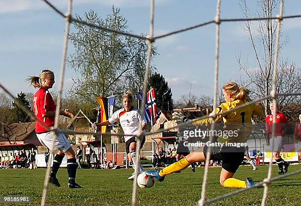 Svenja Huth of Germany shoots at goal during the U19 Women International Friendly match between Norway and Germany at the FK Backa 1901 stadium on...
