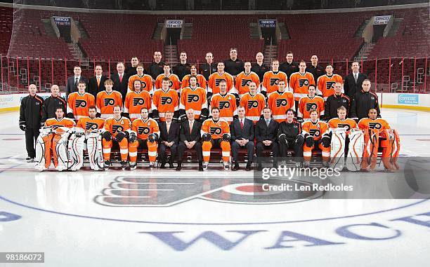 Chairman Ed Snider and members of the Philadelphia Flyers pose for their annual team photo on March 29, 2010 at the Wachovia Center in Philadelphia,...