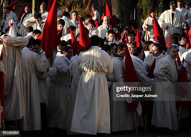 Penitents of the Cofradia del Silencio gather for a Holy Week procession on March 31, 2010 in Zamora, Spain. Easter week is celebrated with...