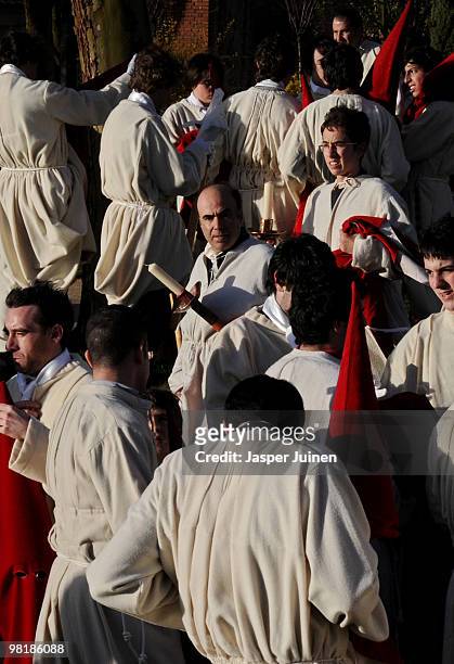 Penitents of the Cofradia del Silencio gather for a Holy Week procession on March 31, 2010 in Zamora, Spain. Easter week is celebrated with...