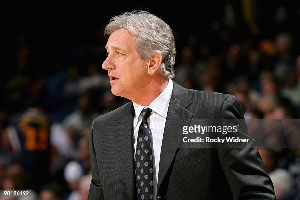 Head coach Paul Westphal of the Sacramento Kings watches the action against the Golden State Warriors against the Sacramento Kings during the game on...