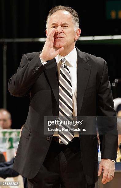 Head coach Jim O'Brien of the Indiana Pacers calls out from the sideline during the game against the Washington Wizards on March 24, 2010 at Conseco...