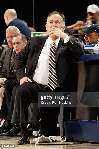 Head coach Jim O'Brien of the Indiana Pacers looks on from the sideline during the game against the Washington Wizards on March 24, 2010 at Conseco...