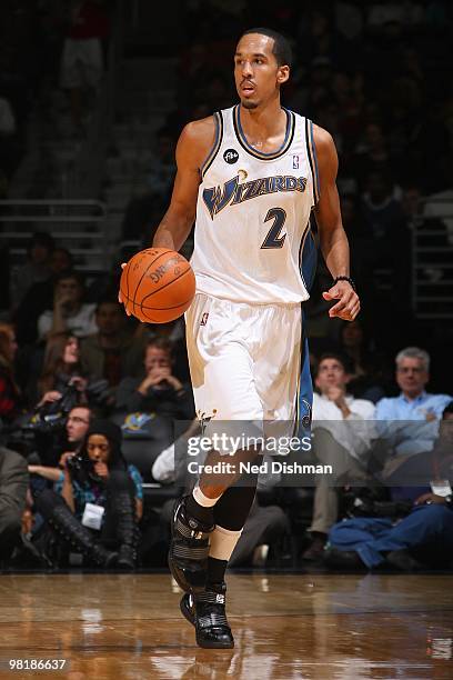 Shaun Livingston of the Washington Wizards handles the ball against the Orlando Magic during the game on March 13, 2010 at the Verizon Center in...