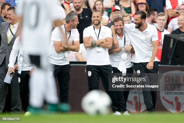 Andre Ooijer , John Heitinga Rafael van der Vaart , Ruud van Nistelrooy during the Dirk Kuyt Testimonial at the Feyenoord Stadium on May 27, 2018 in...