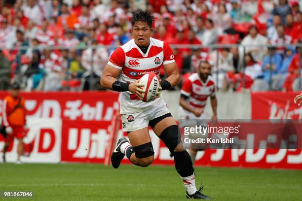 Kazuki Himeno of Japan runs with the ball during the rugby international match between Japan and Georgia at Toyota Stadium on June 23, 2018 in...