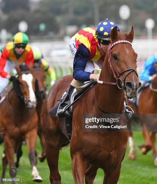 Damian Lane riding Nature Strip wins Race 3, during Melbourne Racing at Flemington Racecourse on June 23, 2018 in Melbourne, Australia.