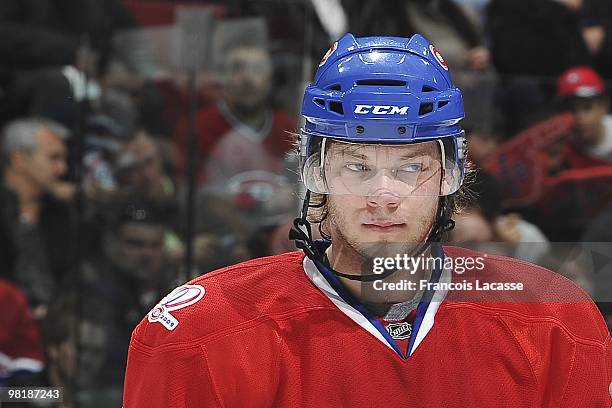 Sergei Kostitsyn of Montreal Canadiens waits for a face off during the NHL game against the Florida Panthers on March 25, 2010 at the Bell Center in...