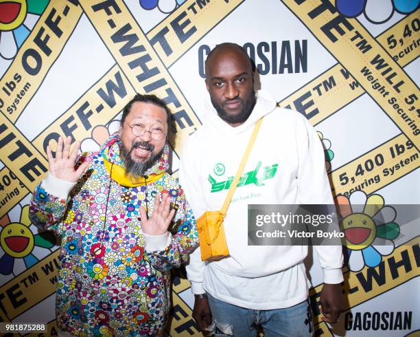 Takashi Murakami and Virgil Abloh attend the "Murakami x Abloh - Technocolo 2" : Press Preview as part of Paris Fashion Week on June 22, 2018 in...