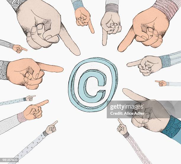 hands pointing to a copyright symbol - buchstabe c stock-grafiken, -clipart, -cartoons und -symbole