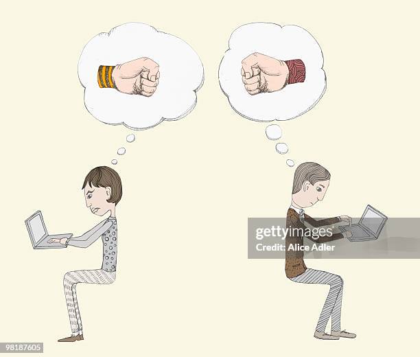 stockillustraties, clipart, cartoons en iconen met thought bubbles with fists above two people working back to back on laptops - alice carriere
