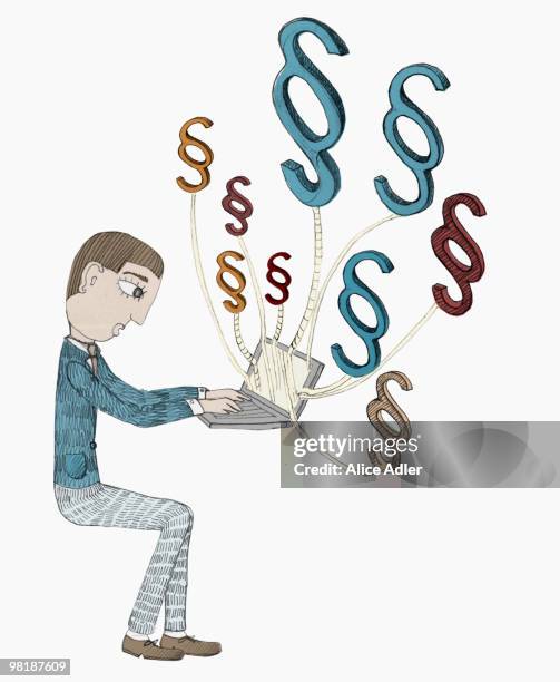 a man using a laptop with legal citation symbols attached to cables - paragraph stock illustrations