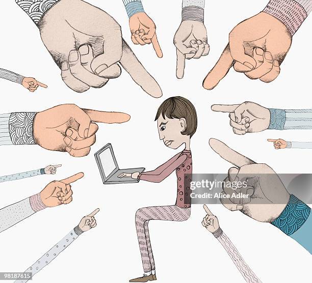 hands pointing to a woman working on a laptop - blame stock illustrations