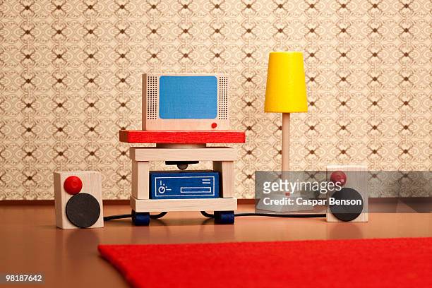 miniature wooden television and stereo speakers - sweet little models stock pictures, royalty-free photos & images