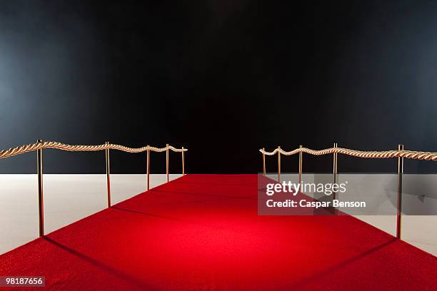 view down red carpet with rope barriers - red carpet stock pictures, royalty-free photos & images