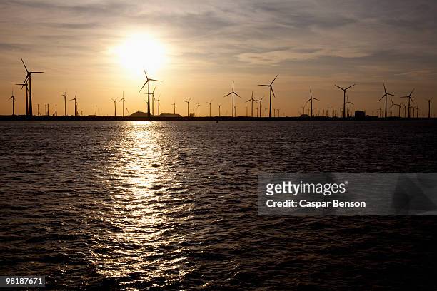 view of wind turbines over water at sunset - german north sea region stock pictures, royalty-free photos & images