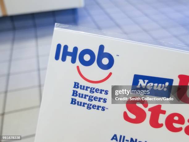 Detail view of paper with IHoB logo, following pancake restaurant International House of Pancake's decision to change its name to IHoB, Dublin,...