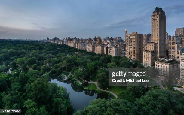 high angle view of central park - new york - central park manhattan fotografías e imágenes de stock