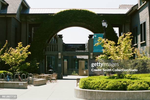 Facade and landscaped entryway to Haas School of Business on the campus of UC Berkeley in downtown Berkeley, California, May 21, 2018.