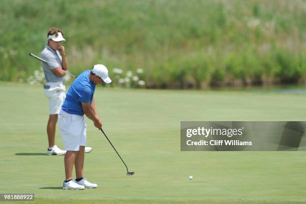 West Florida's Henry Westmoreland and Lynn's Felix Kvarnstrom during the Division II Men's Team Match Play Golf Championship held at the Robert Trent...