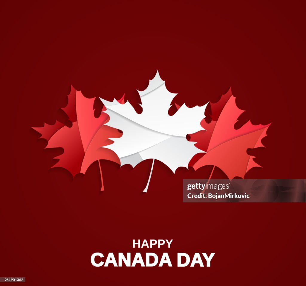 Happy Canada Day card on red background with paper cut maple leafs. Vector illustration.