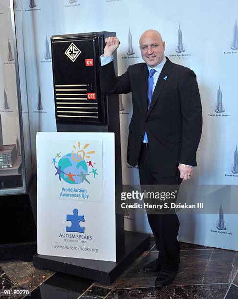 Celebrity chef Tom Colicchio celebrates World Autism Awareness Day and Autism Awareness Month at The Empire State Building on April 1, 2010 in New...