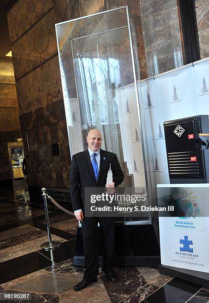 Celebrity chef Tom Colicchio celebrates World Autism Awareness Day and Autism Awareness Month at The Empire State Building on April 1, 2010 in New...