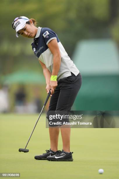 Asako Fujimoto of Japan putts on the 2nd hole during the third round of the Earth Mondahmin Cup at the Camellia Hills Country Club on June 23, 2018...