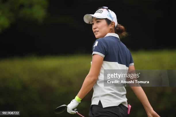 Asako Fujimoto of Japan smiles during the third round of the Earth Mondahmin Cup at the Camellia Hills Country Club on June 23, 2018 in Sodegaura,...