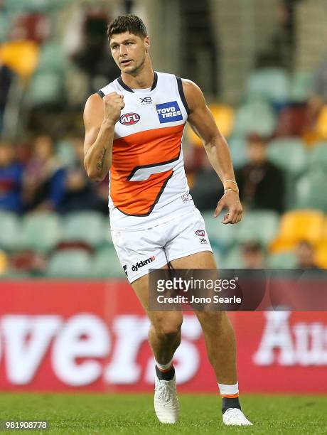 Jonathon Patton of the Giants celebrates a goal during the round 14 AFL match between the Brisbane Lions and the Greater Western Sydney Giants at The...